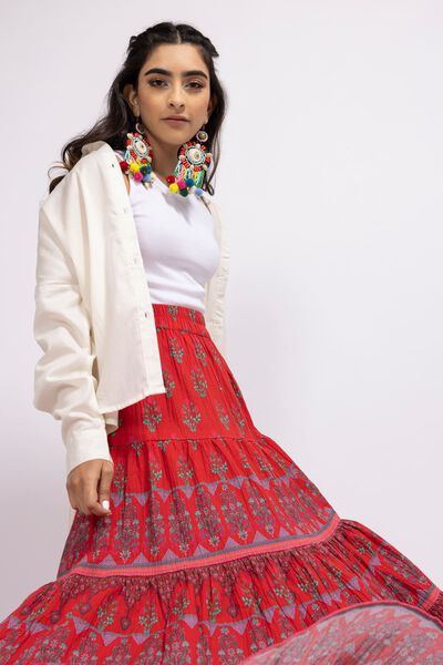 Tiered Skirt, RED, hi-res