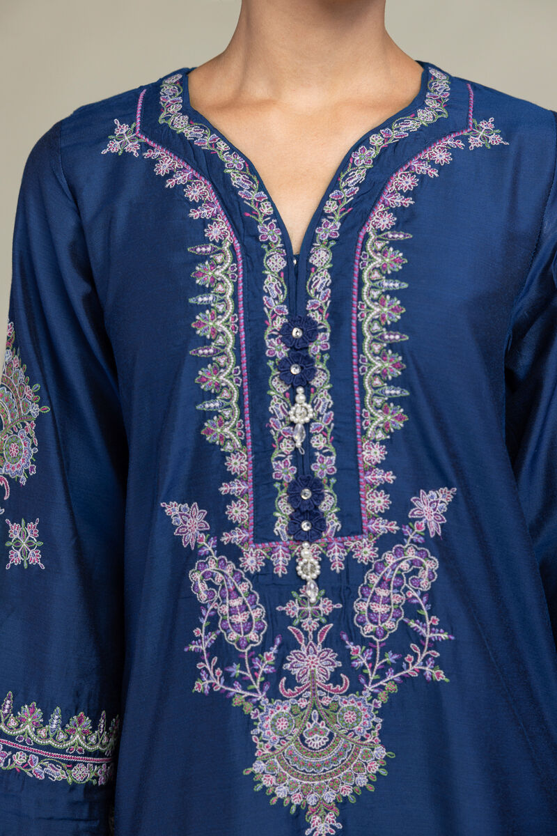Raw Silk | Navy Longline Kurta | USD 60.00