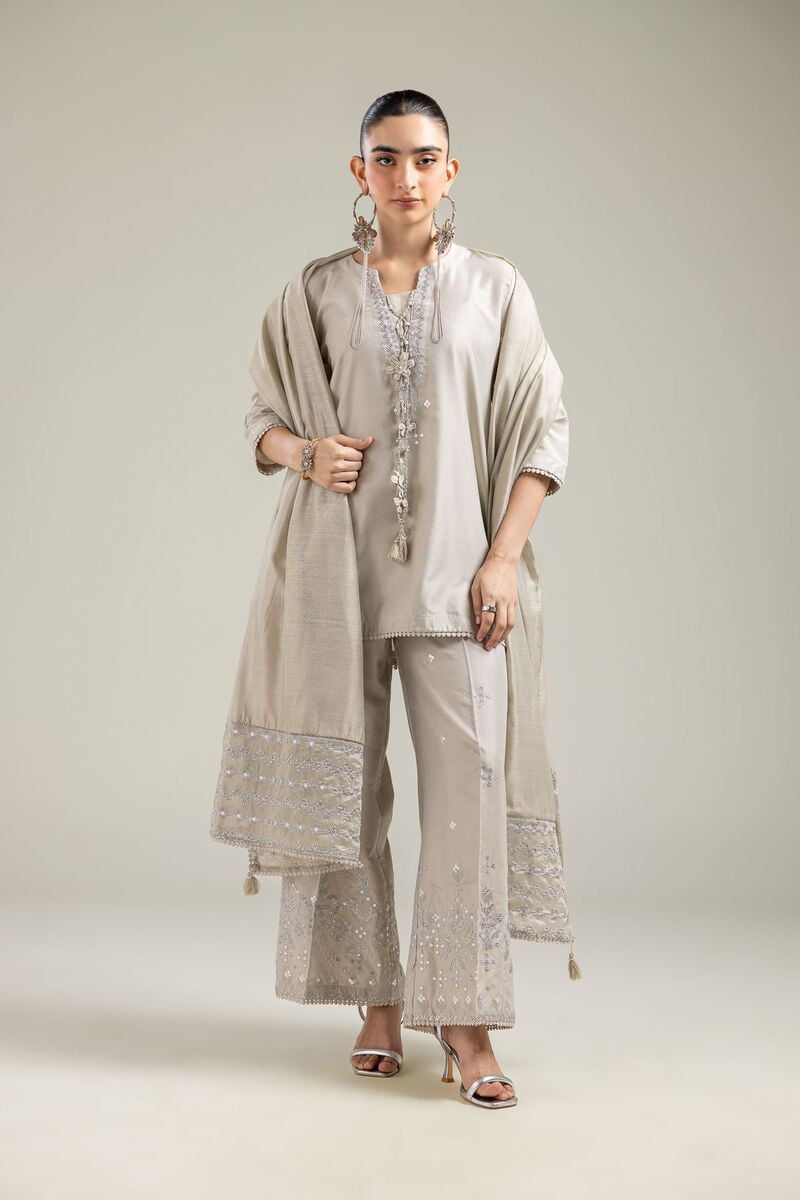 Cotton Net | Geometric Beige Dupatta | USD 40.00