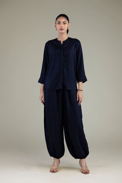 Embroidered | Viscose Crepe | Navy Viscose Trousers | USD 30.00