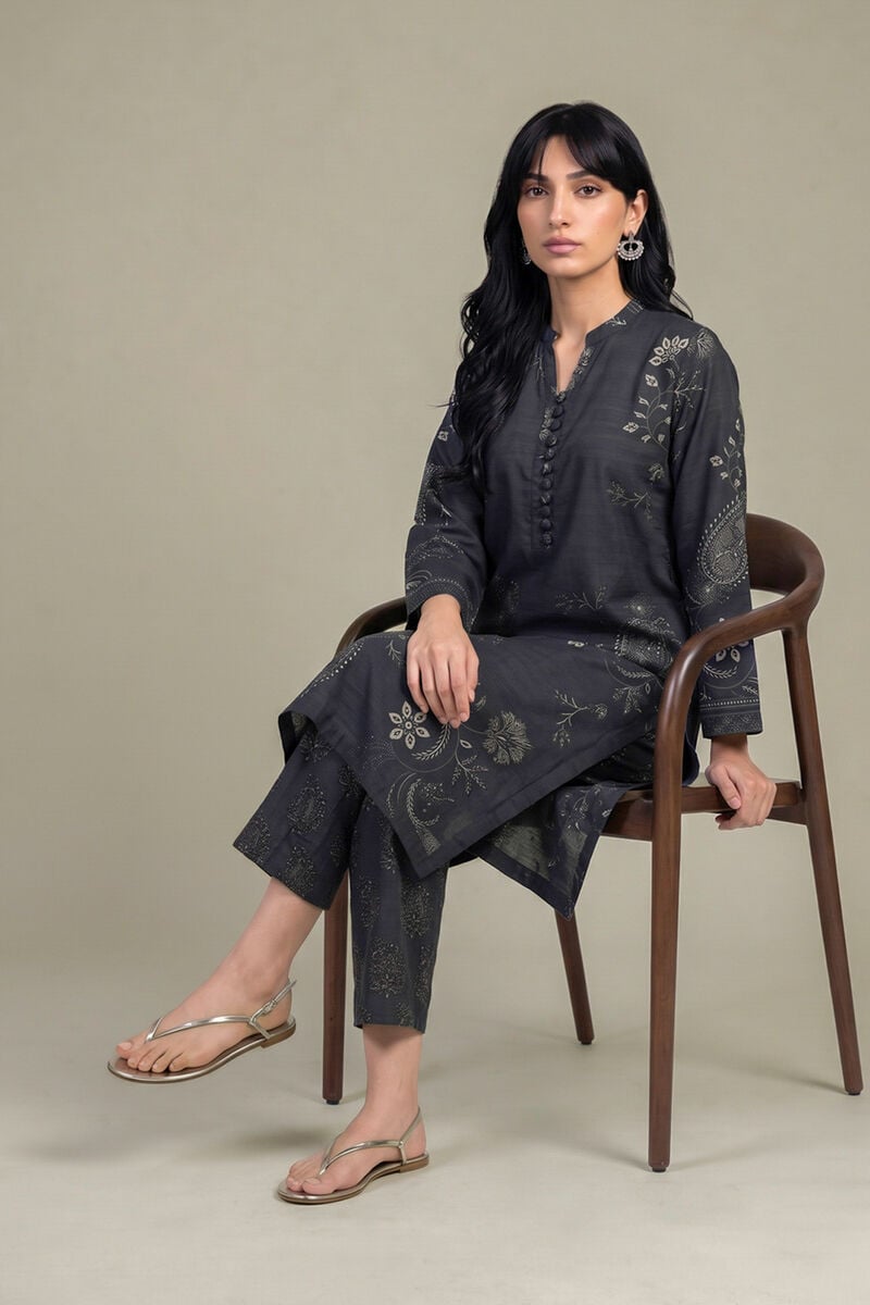 Printed | Light Khaddar | Black V-Neck Kurta | USD 40.00
