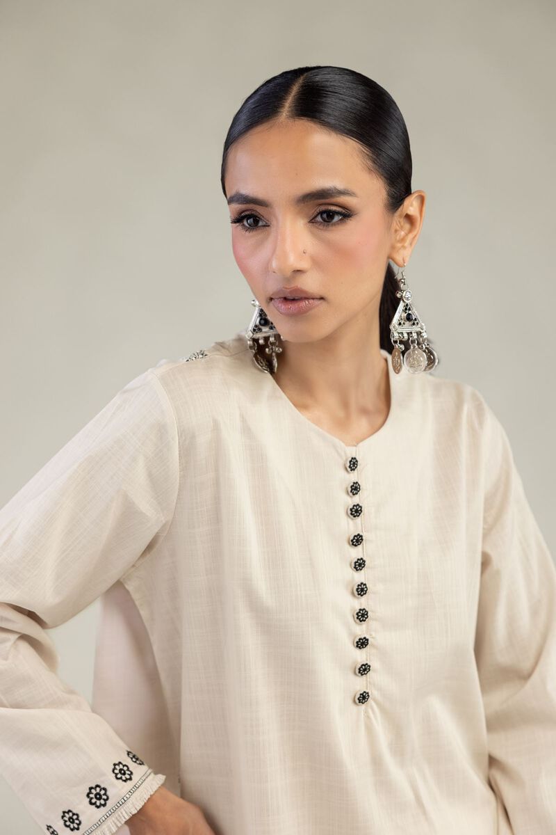 Textured Cotton | Embroidered | Short Round-Neck Kurta | USD 40.00