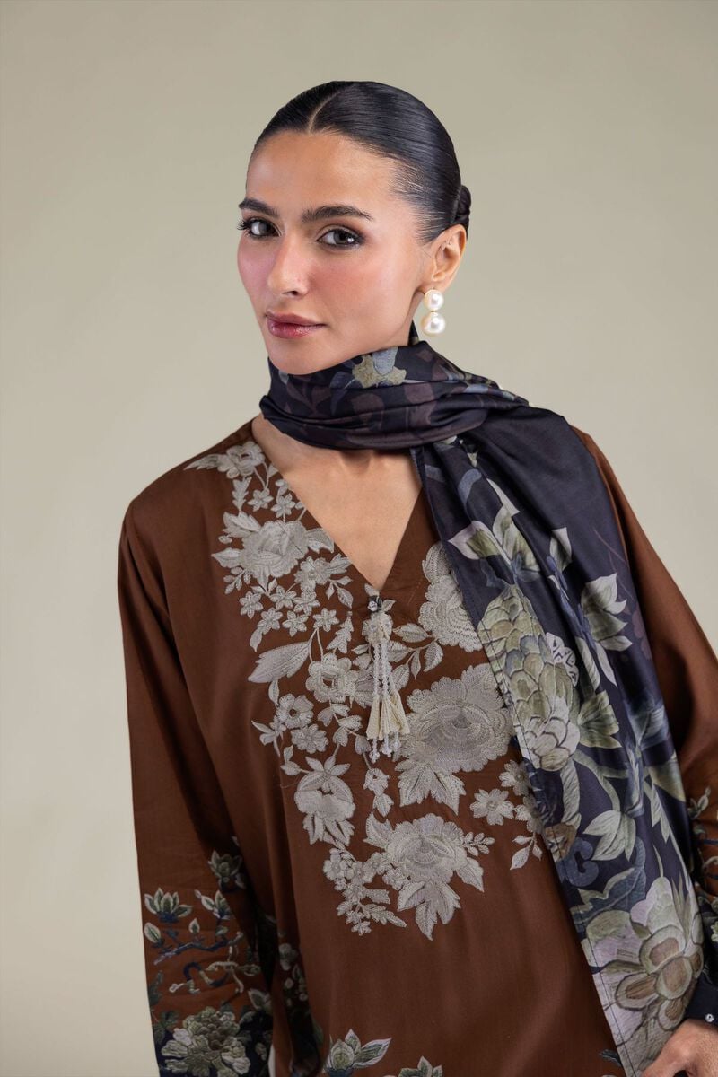 Embroidered | Polyester Silk | Brown Silk Dupatta | USD 30.00