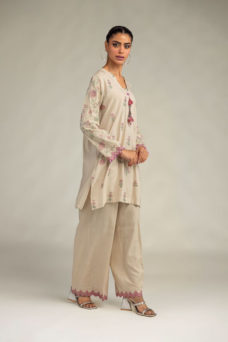 Embroidered | Raw Silk | Beige Solid Pants | USD 35.00