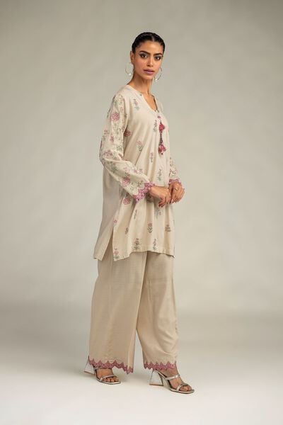 Embroidered | Raw Silk | Beige Solid Pants | USD 35.00