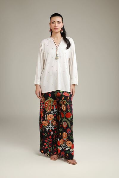 Embroidered | Viscose Crepe | Black Viscose Trousers | USD 30.00