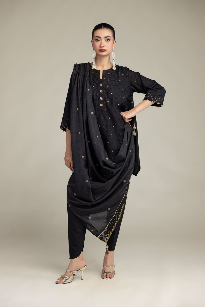 Embroidered | Polyester Silk | Black Silk Dupatta | USD 40.00
