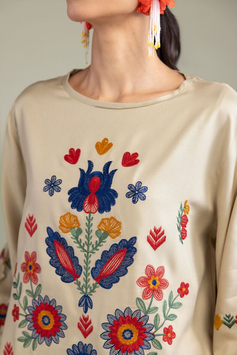 Embroidered | Viscose Crepe | Floral Beige Blouse | null