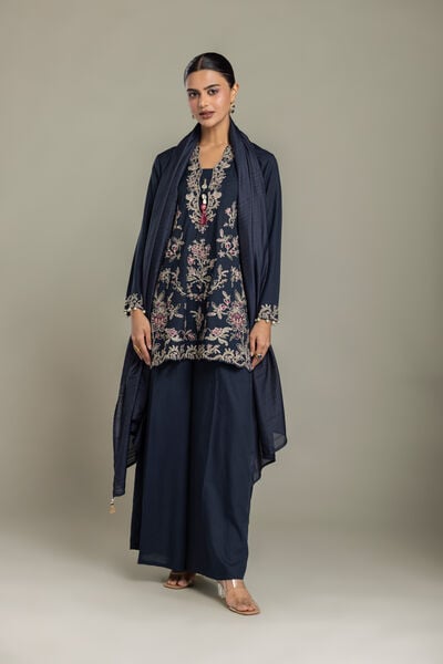 Embroidered | Raw Silk | Silk Navy Pants | USD 35.00