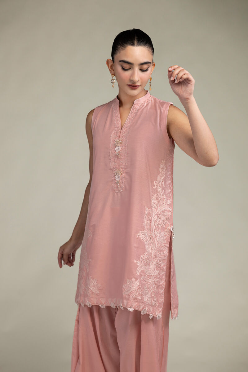 Raw Silk | Sleeveless Pink Kurta | USD 65.00