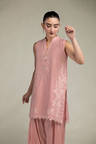 Raw Silk | Sleeveless Pink Kurta | USD 65.00