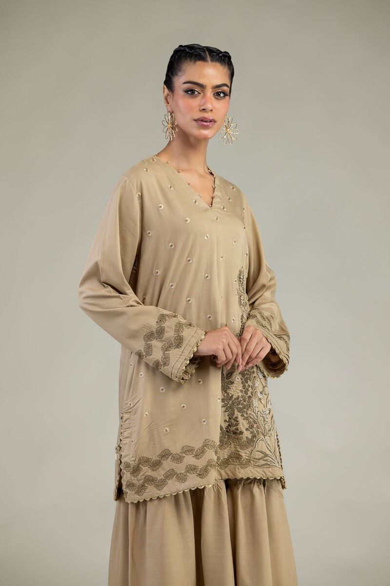 Embroidered | Raw Silk | Floral V-Neck Kurta | USD 60.00