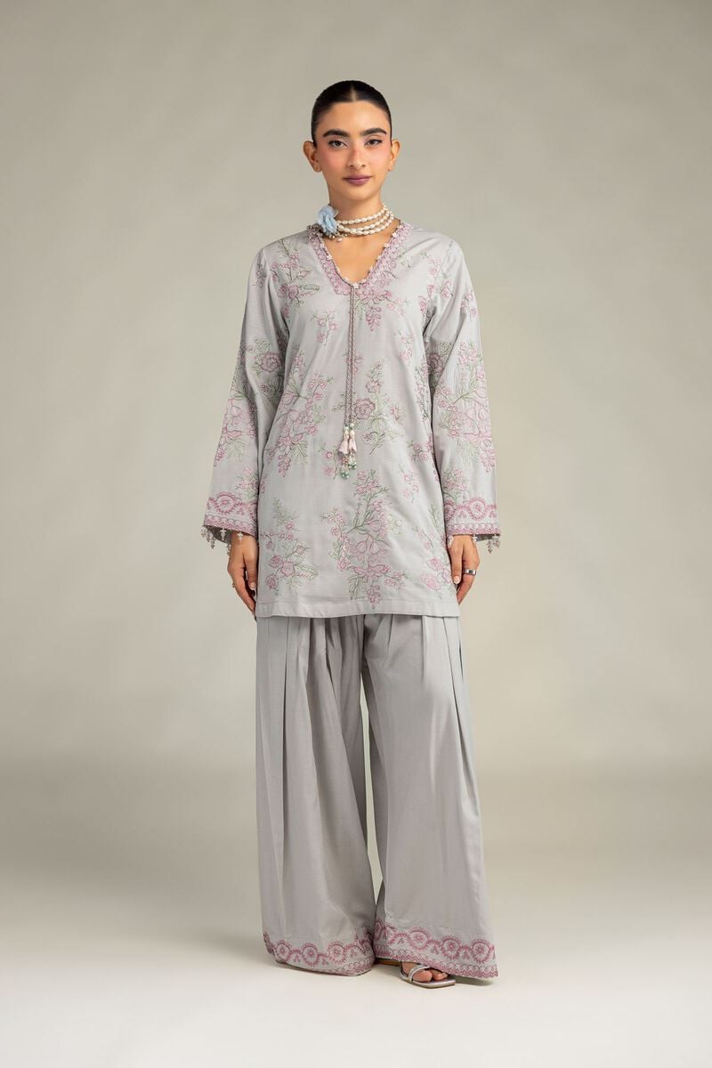 Embroidered | Raw Silk | Floral V-Neck Kurta | USD 60.00