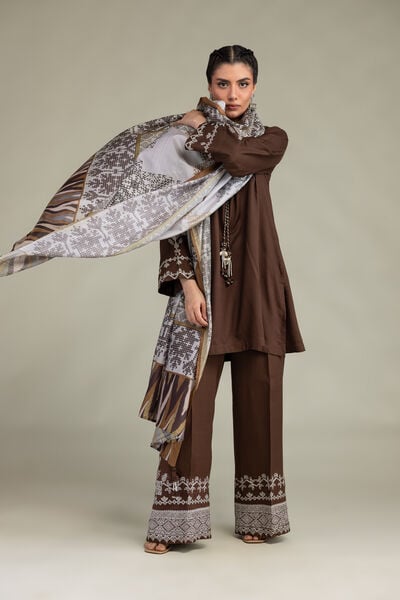 Embroidered | Polyester Silk | Brown Silk Dupatta | USD 30.00
