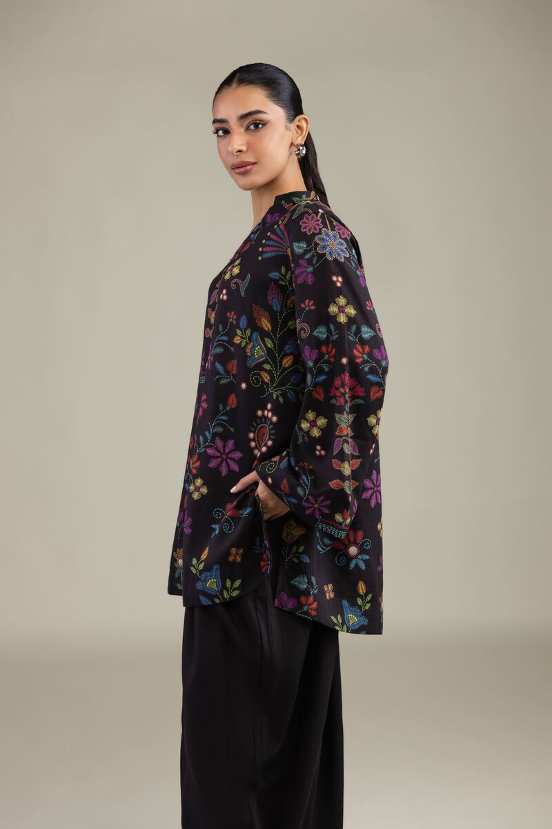 Printed | Textured Weave | Black V-Neck Kurta | USD 35.00
