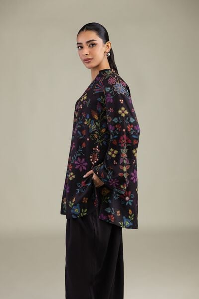 Printed | Textured Weave | Black V-Neck Kurta | USD 35.00