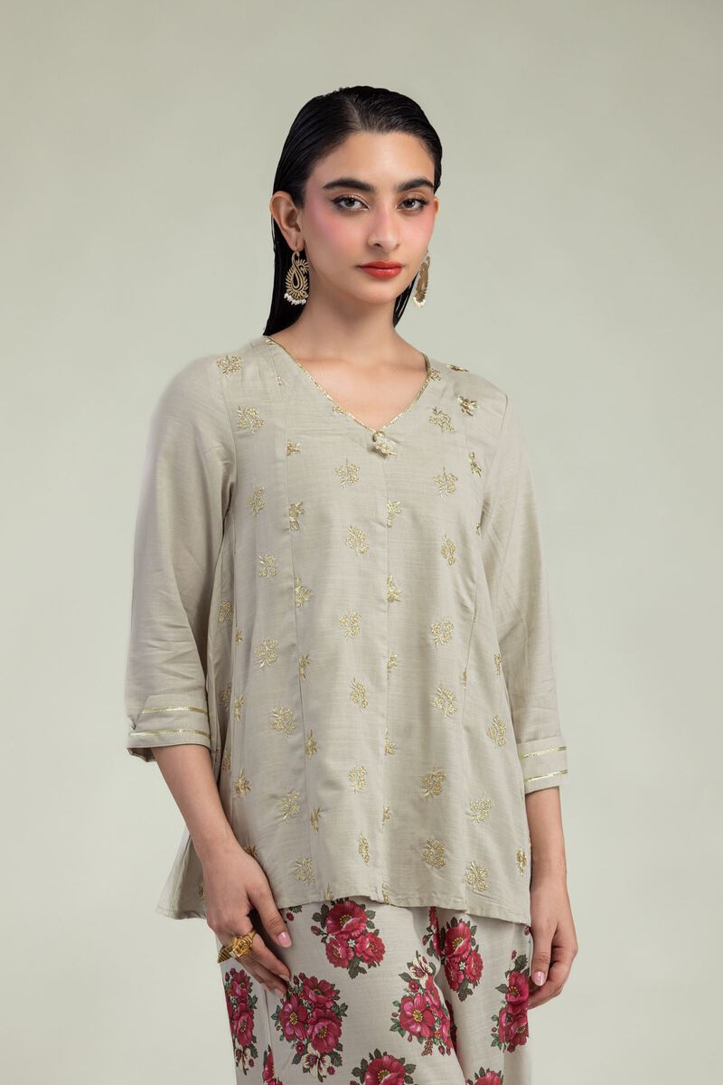 Embroidered | Raw Silk | Beige V-Neck Kurta | USD 40.00