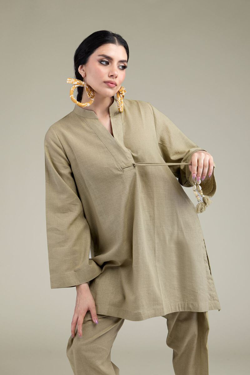 Dyed | Blended Linen | V-Neck Band-Collar Kurta | USD 35.00