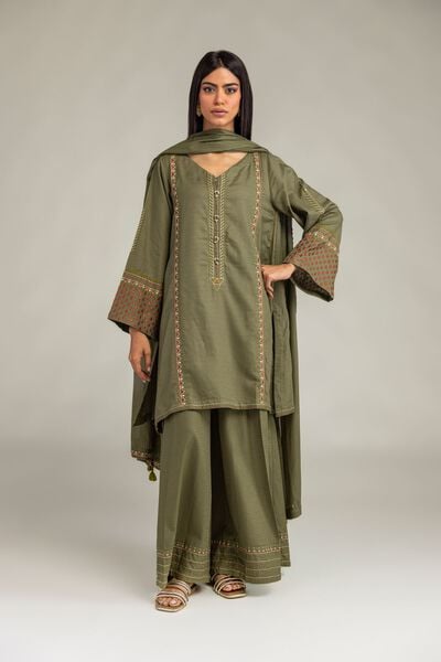 Embroidered | Cotton Dobby | Solid Olive Pants | USD 30.00