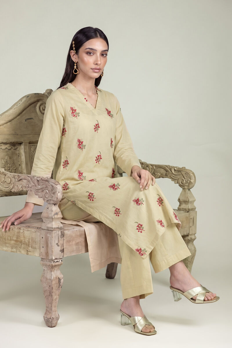 Embroidered | Cambric | Beige Cambric Kurta | USD 40.00