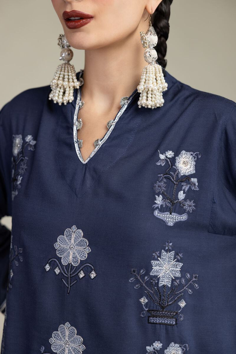 Embroidered | Raw Silk | Floral V-Neck Kurta | USD 55.00
