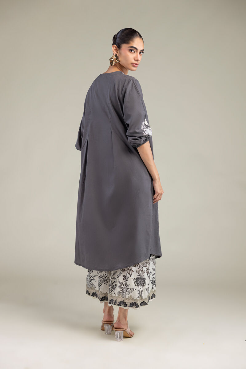 Embroidered | Cambric | Gray V-neck Kurta | USD 40.00