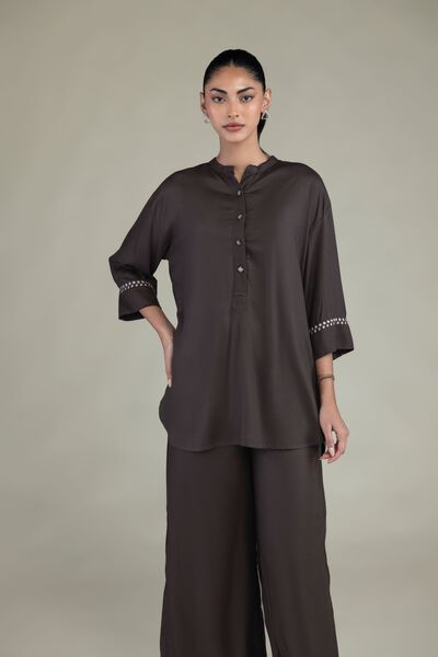 Embroidered | Viscose Crepe | Brown Viscose Shirt | USD 35.00