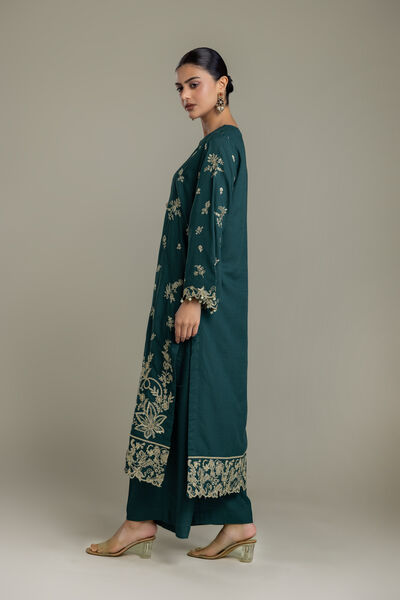 Embroidered | Raw Silk | Green Solid Pants | USD 35.00