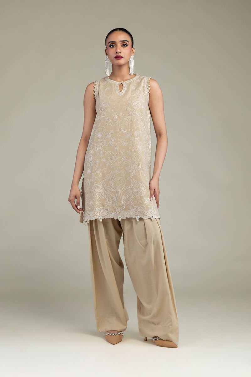 Embroidered | Raw Silk | Beige Sleeveless Kurta | USD 75.00