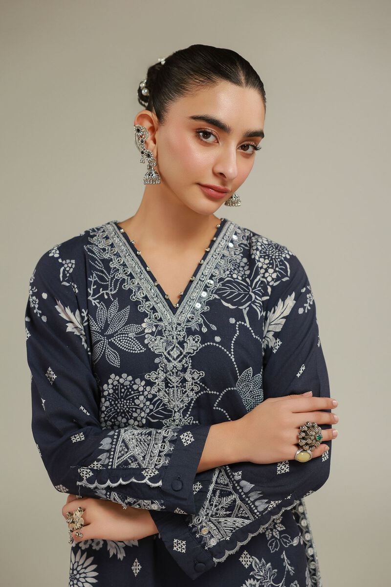 Embroidered | Raw Silk | Geometric V-Neck Kurta | USD 55.00