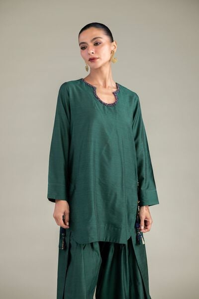 Dyed | Textured Raw Silk | Solid Green Kurta | USD 40.00