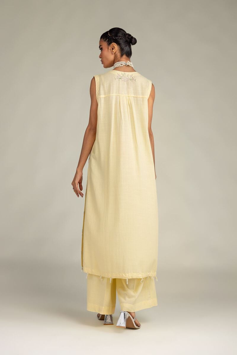 Embroidered | Raw Silk | Yellow Sleeveless Kurta | USD 55.00