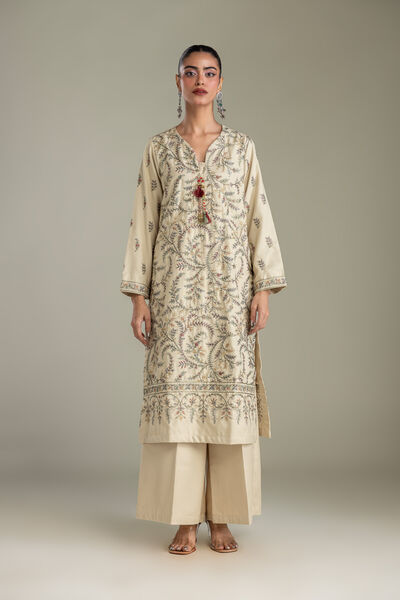 Embroidered | Heavy Blended Viscose | Solid Beige Pants | USD 35.00