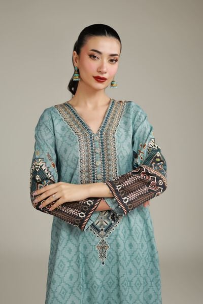 Embroidered | Raw Silk | Teal Longline Kurta | USD 55.00