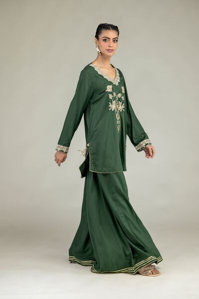 Embroidered | Raw Silk | Green Silk Pants | USD 35.00