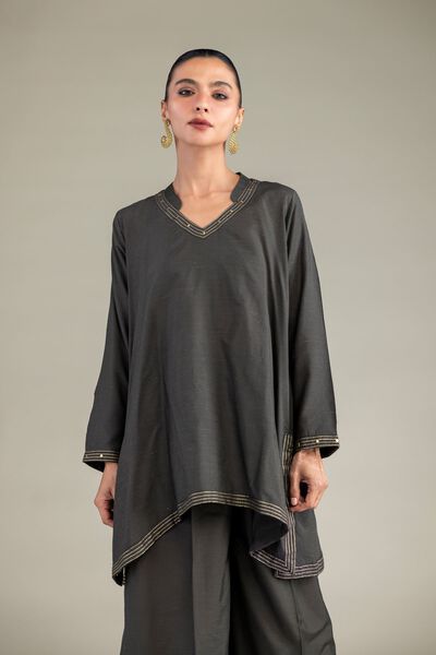Dyed | Mesuri Silk | V-Neck Longline Kurta | USD 35.00