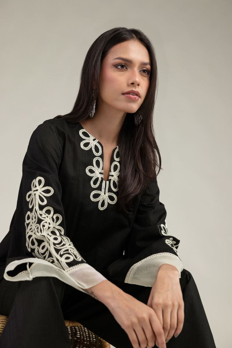 Embroidered | Cotton Dobby | Black V-Neck Kurta | USD 35.00