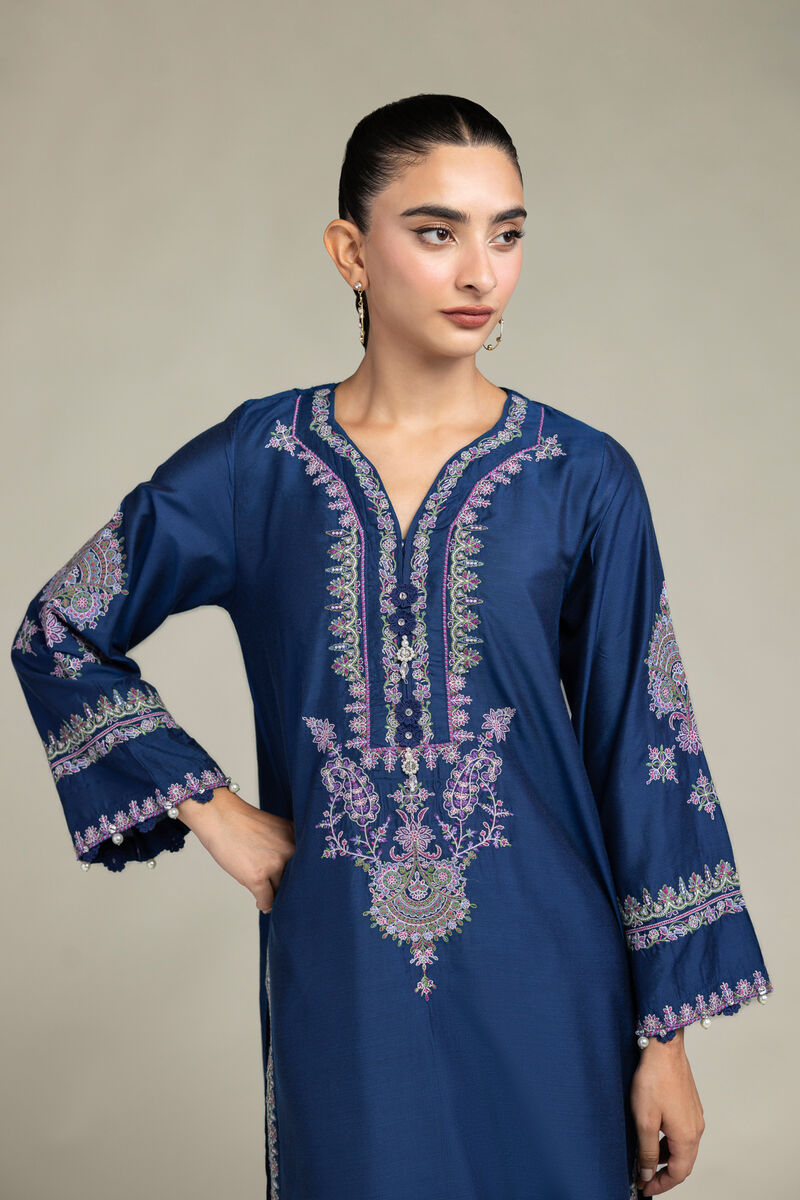 Raw Silk | Navy Longline Kurta | USD 60.00
