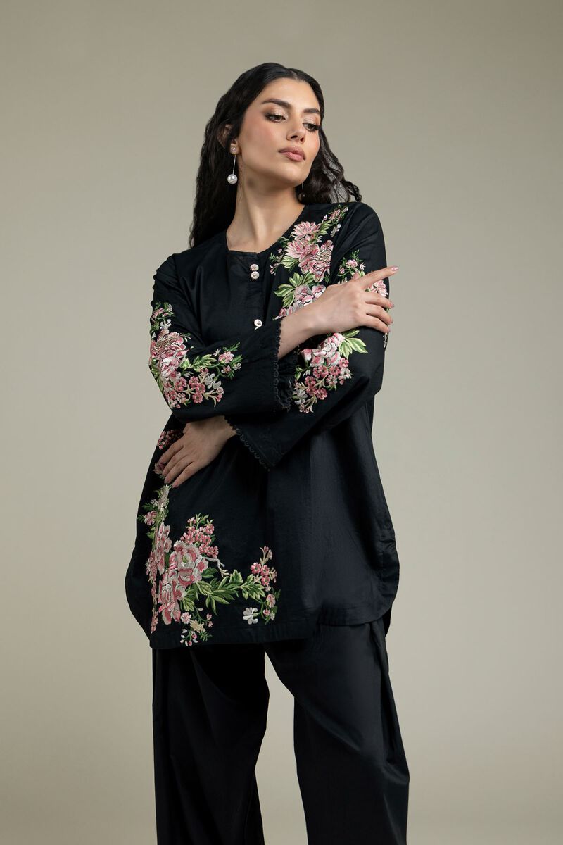 Embroidered | Cambric | Black Round-Neck Kurta | USD 40.00
