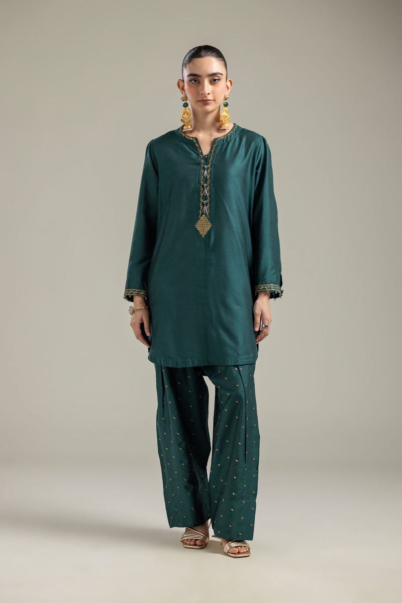 Raw Silk | Green V-Neck Kurta | USD 45.00