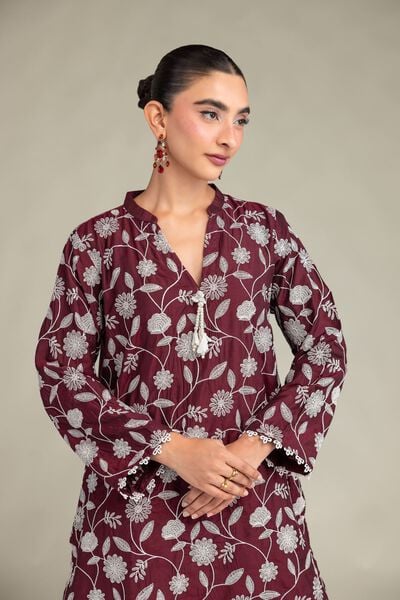 Printed | Raw Silk | Floral Maroon Kurta | USD 55.00