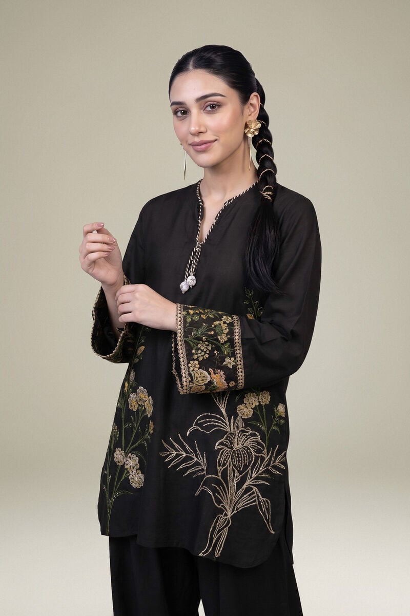 Embroidered | Raw Silk | Black V-Neck Kurta | USD 60.00