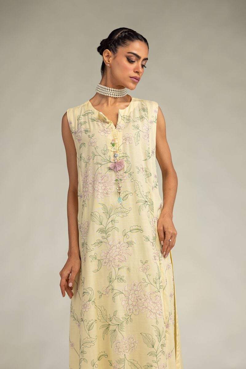 Embroidered | Raw Silk | Yellow Sleeveless Kurta | USD 55.00