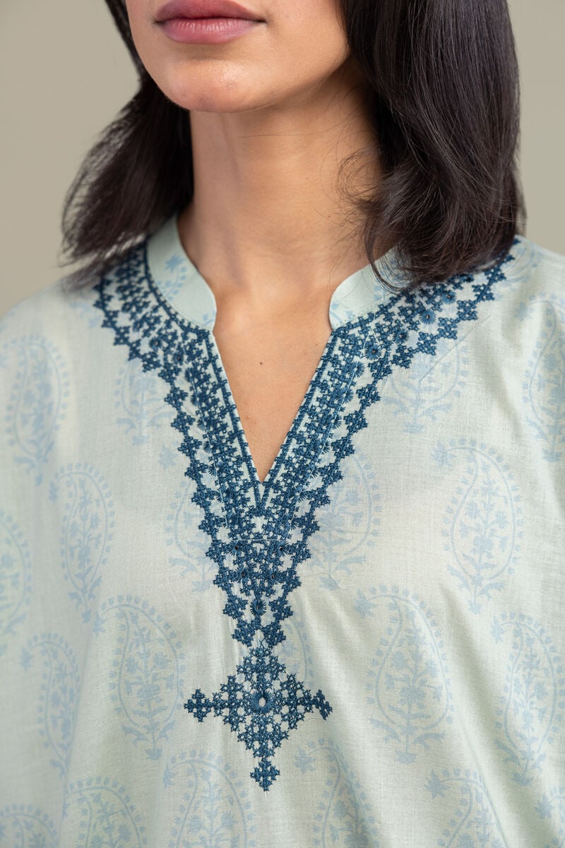 Embroidered | Cambric | Blue V-Neck Kurta | USD 35.00