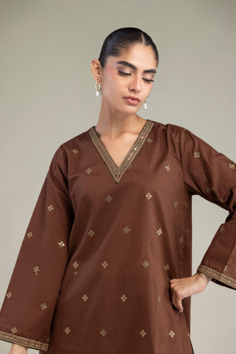 Embroidered | Cambric | Brown V-Neck Kurta | USD 40.00