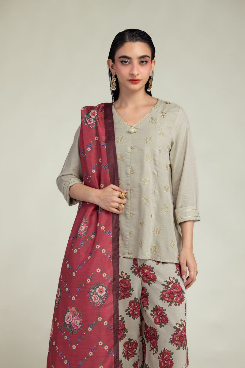 Embroidered | Raw Silk | Beige V-Neck Kurta | USD 40.00