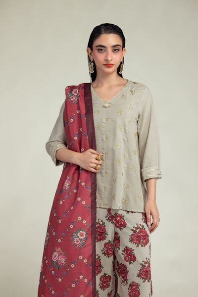 Embroidered | Raw Silk | Beige V-Neck Kurta | USD 40.00