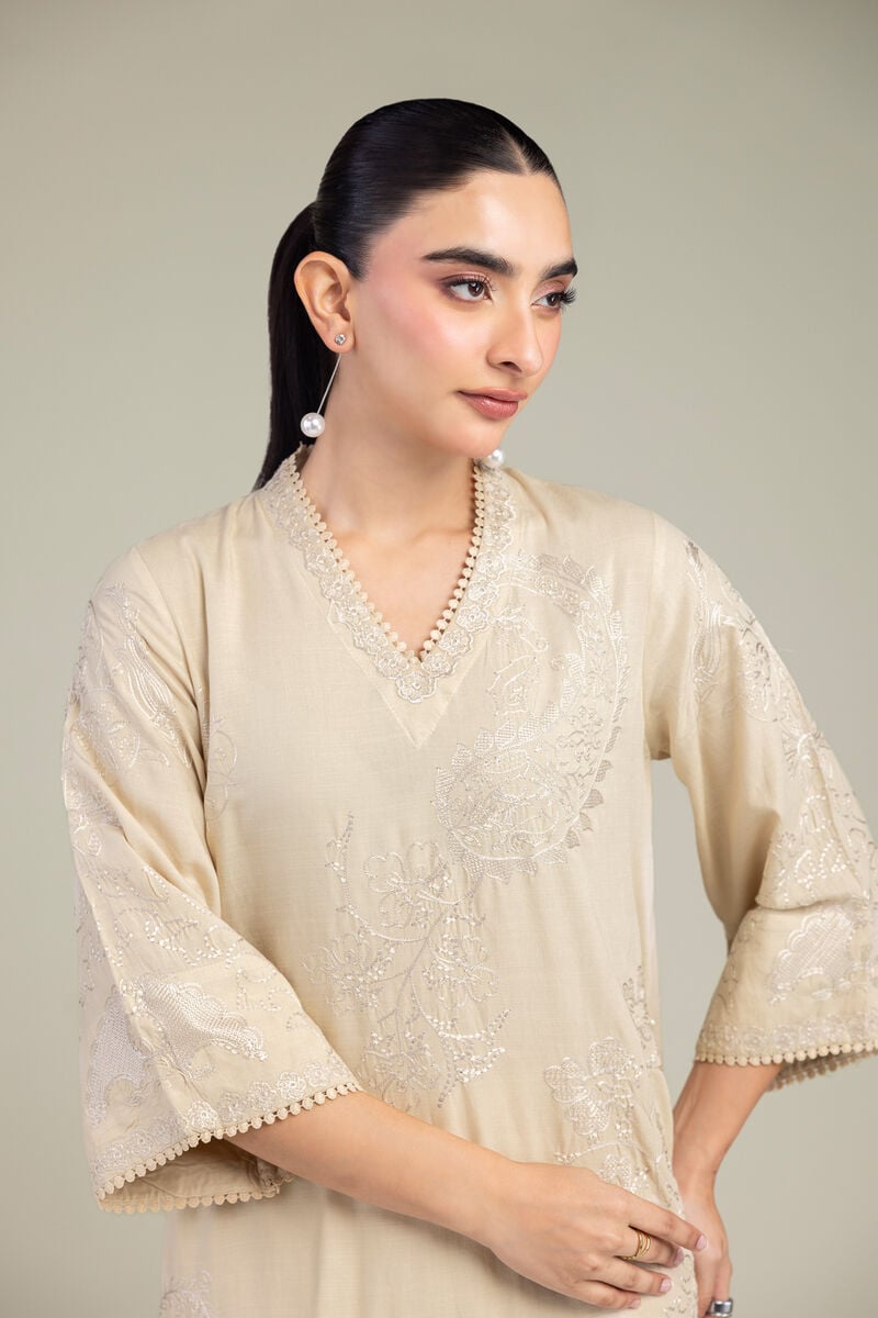 Embroidered | Raw Silk | Floral V-Neck Kurta | USD 60.00