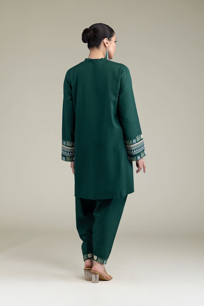Embroidered | Raw Silk | Green V-Neck Kurta | USD 45.00