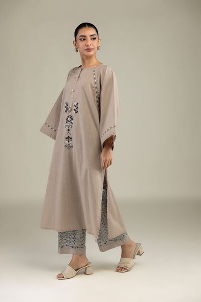 Textured Cotton | Embroidered | Beige Cotton Pants | USD 30.00